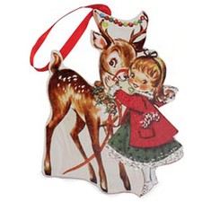 Bethany Lowe Retro Inspired Girl Hugging Deer Christmas Ornament