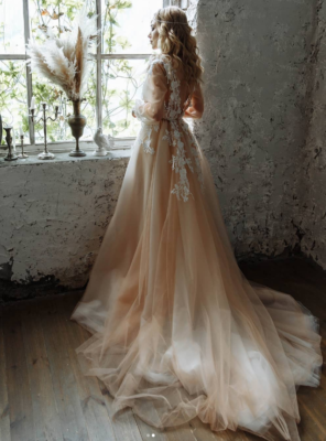Boho Champagne Wedding Dresses Long Sleeves Lace Appliques V Neck Bridal  Gowns | eBay
