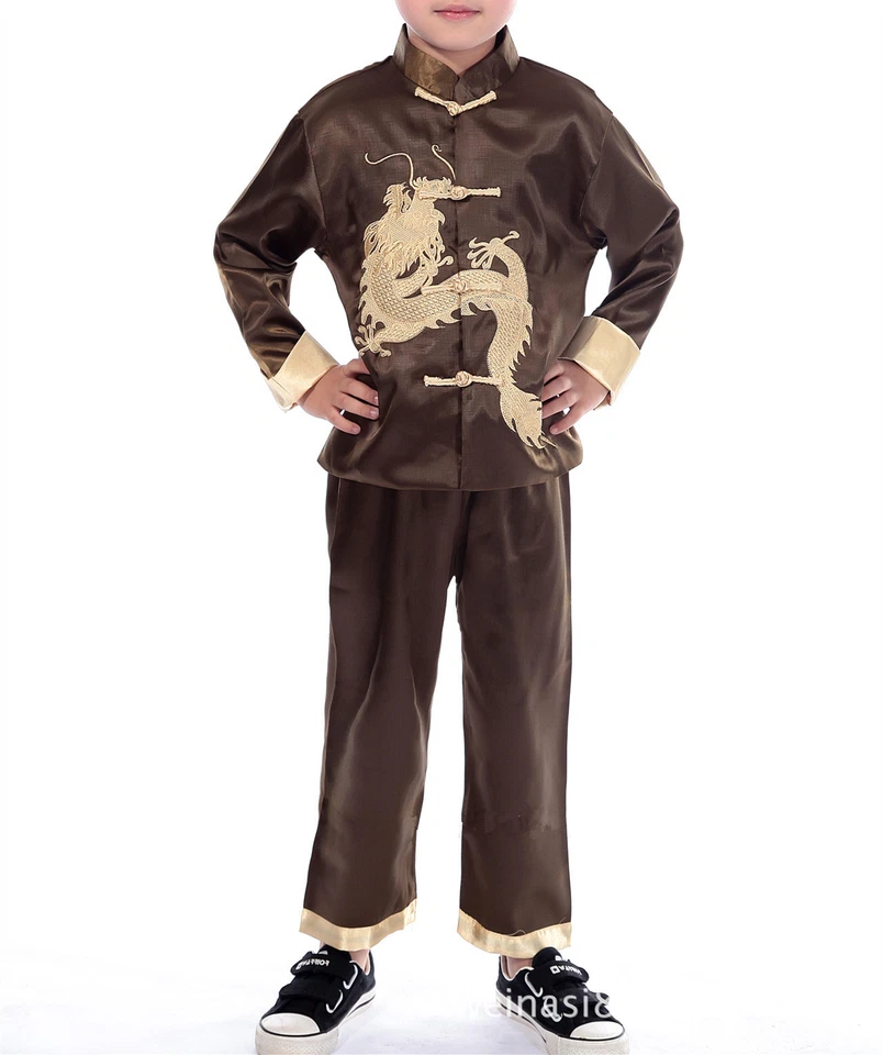 GLD New Chinese Oriental Childrens Boys Brown Dragon Top Trousers Pyjamas chboy4