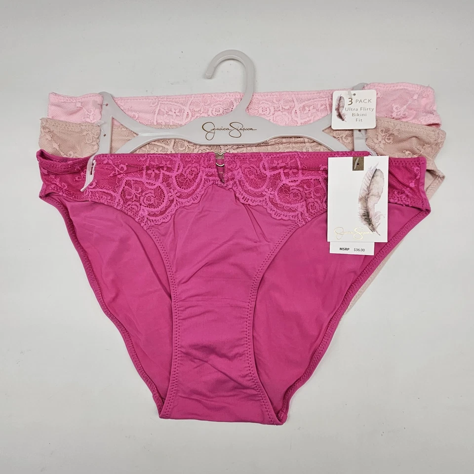 Paquete de 3 bragas de bikini de encaje para mujer JESSICA SIMPSON L XL rosa beige fucsia Foto 2 de 4
