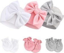 BQUBO Newborn Girls Hats Baby Hat and 0-6 Months 3 Sets A: Bow Hats  Mittens