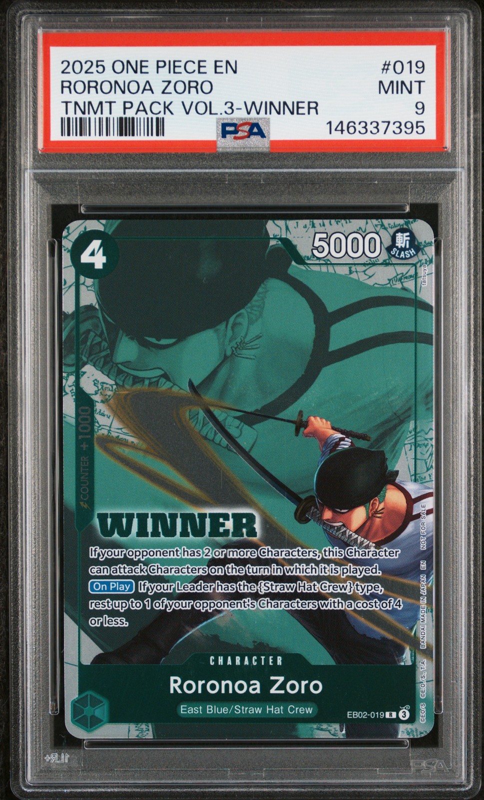2025 ONE PIECE TOURNAMENT PACK VOL.3 WINNER #019 RORONOA ZORO PSA 9