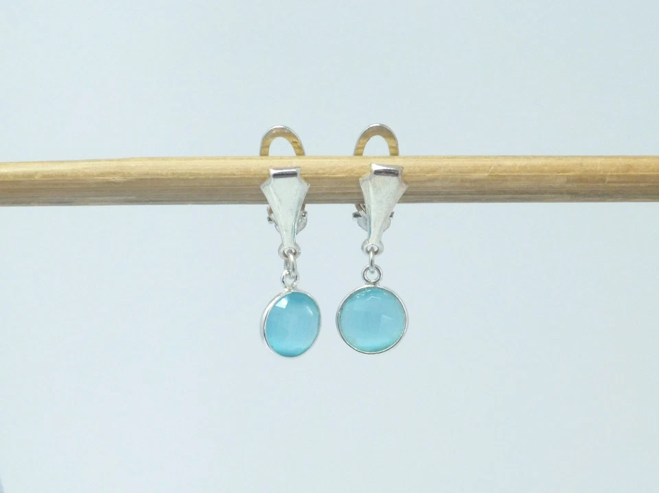 Lange Ohrclips Silber 925 Anhänger Katzenauge Hellblau - Bild 2 von 4