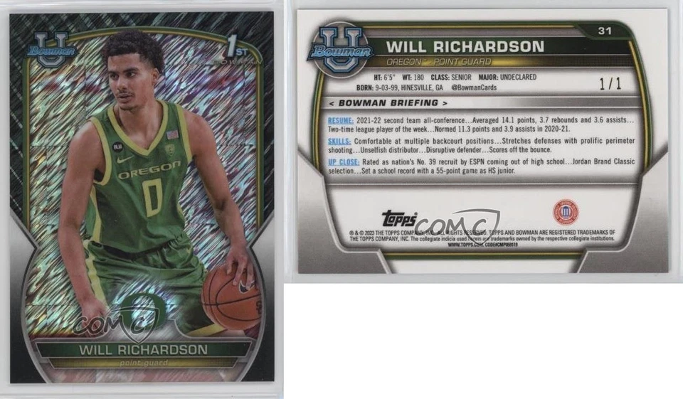 2022-23 Bowman U Chrome Black Shimmer Refractor 1/1 Will Richardson #31 zf3 - Image 3 of 3