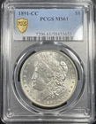 1891 CC Morgan Silver Dollar $1 PCGS MS61 Uncirculated Key Date Carson City
