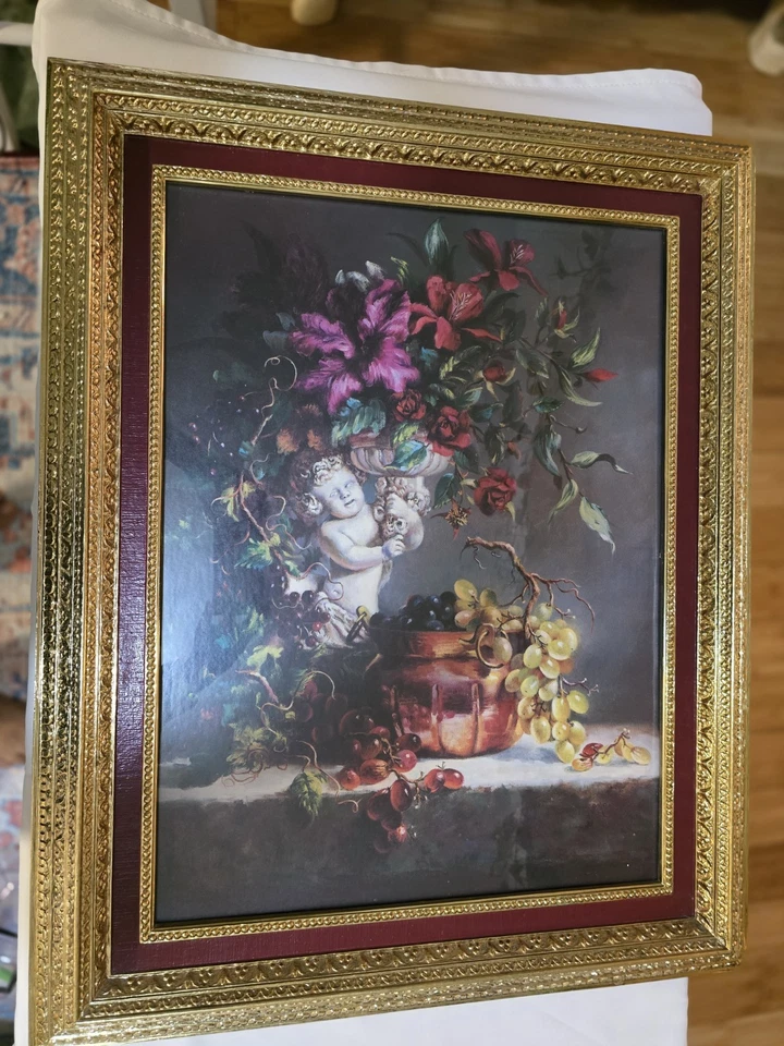 "Impresión artística enmarcada dorada firmada por Di Giacomo ángulo con flores 30,5 x 24,5""" Foto 4 de 4