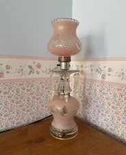 Vintage Pink Frosted Glass Boudoir Lamp Decorative Prisms  Working Condition