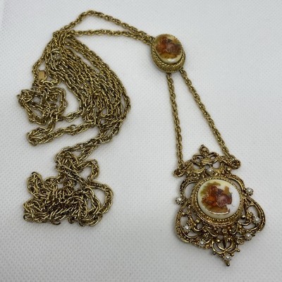 ESTATE VINTAGE LIMOGE? PORCELAIN FRAGONARD  DOUBLE CAMEO NECKLACE