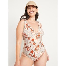 old navy one piece swim suit size XL tie shoulder plunge orange white