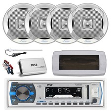 Pyle Bluetooth Marine Radio,Cover,Antenna,Amp w/Kit, 4x 6.5" 400W Silver Speaker