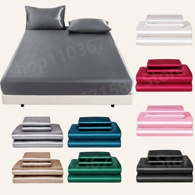 3-teiliges Satin Spannbettlaken Set Weich Atmungsaktiv Bettlaken mit 2 Kissenbezügen