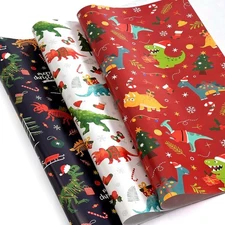 Christmas Dinosaur Wrapping Paper Set - 10 Sheets Kids Xmas Gift Pack