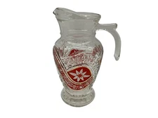 Embossed Clear Glass with Red Vintage Pitcher w/fitted Plastic Lid Dolphin Mark