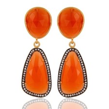 Peach Moonstone CZ 925 Sterling Silver Dangle Earrings Gemstone Jewelry