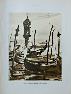 PHOTOGRAVURE DE PRESSE 1926 VENISE GONDOLES et CANAL TRAGHETTO RIO DELLA MADONA