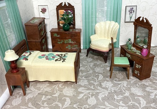 Renwal 8 PC STENCILED BEDROOM SET Vintage Dollhouse Furniture Ideal Plastic 1:16