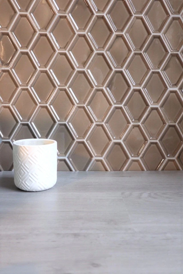 Concave Hexagon Taupe Soft Gray Oblong Ceramic Mosaic Tile Wall (BOX OF 10) - Image 2 of 4