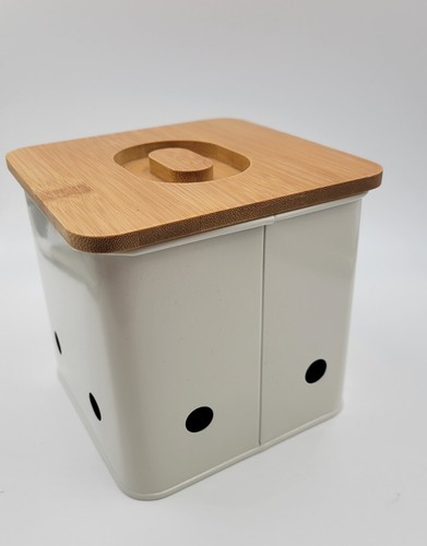 Kitchen White Tin Canister Storage Bin for Garlic Garluc Keeper W/ Wood Look Lid - Picture 4 of 7