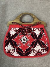 Vintage Needlepoint Handbag Purse Tapestry Wooden Handles Hippie Boho Gypsy