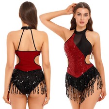 Women  s Tassel Latin Dance Dress Sequins Jazz Lyrical Leotard Bodysuit Costume