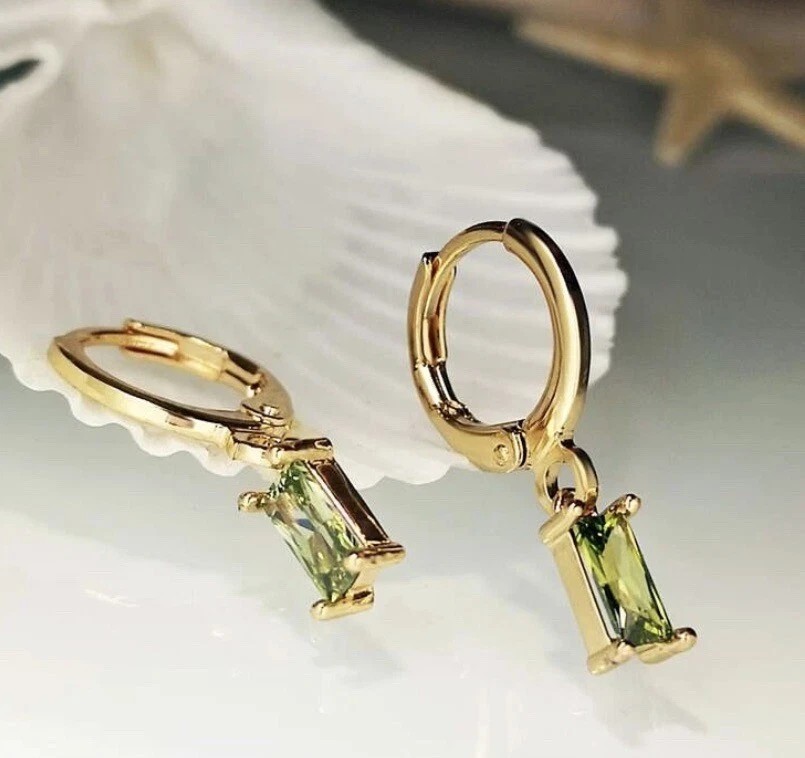 Pendientes Cristal Verde - Aro Colgante Gota - Pendientes Peridoto Piedra Natal Agosto Foto 2 de 3