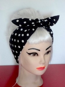 Headband Bandana Head Scarf Dolly Bow Hair Wrap Black Polka Dots