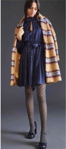 NWT Anthropologie Jacquard Mini Dress Size Small Navy Blue Leopard Open Back - Picture 2 of 13
