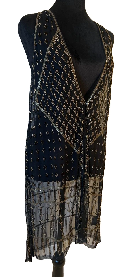 Ecote Black with Gold Beaded Sequin Sheer Sleeveless Long Open Vest Sz XS/S NWT - Image 3 of 4