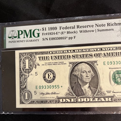 STAR NOTE PMG Grade 64 EPQ 1 1999 FR#1924-E* E* Block FRN Error Replacement - Picture 4 of 5