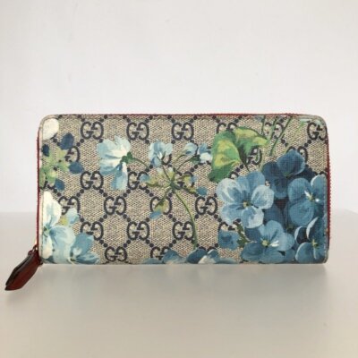GUCCI GG Blooms Long Wallet Floral Flower Blue Beige Round