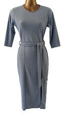 PLT womens Pale Blue 3/4 sleeve tie belt midi bodycon dress size 12 front slit