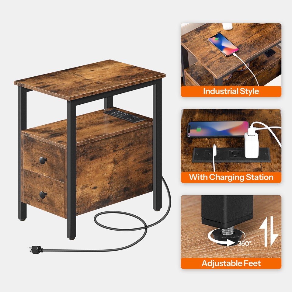 End Table w/Charging Station Side Table Nightstand for Small Space