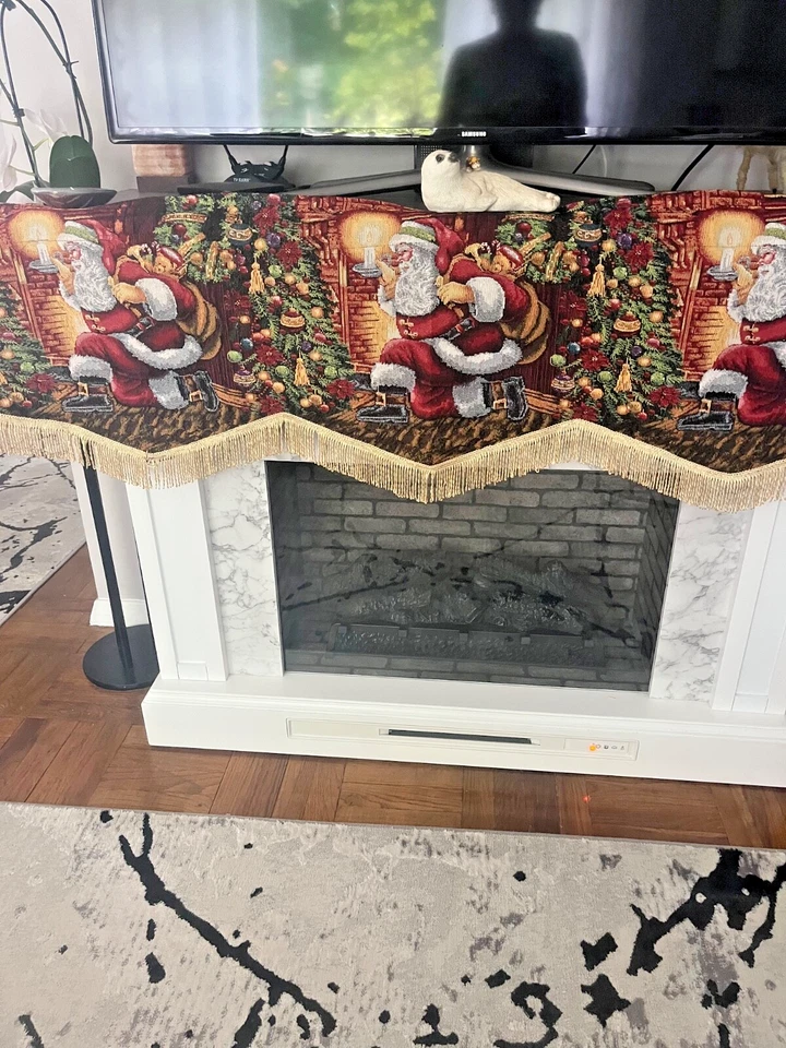 Christmas Tapestry Fireplace Decor Table Runner Wall 60” x 15” Santa Gifts Tree - Image 2 of 4