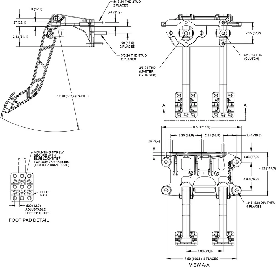 Pedal de freno y embrague tándem Wilwood 340-14361 montaje oscilante Foto 3 de 3