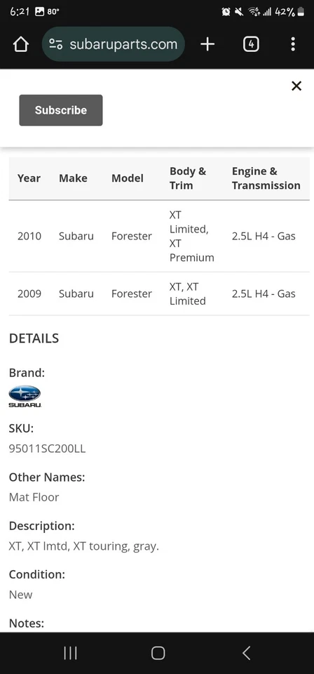 Conjunto de revestimiento de alfombrilla de piso Subaru Forester XT 2009-2013 FABRICANTE DE EQUIPOS ORIGINALES (descontinuado) Foto 2 de 4