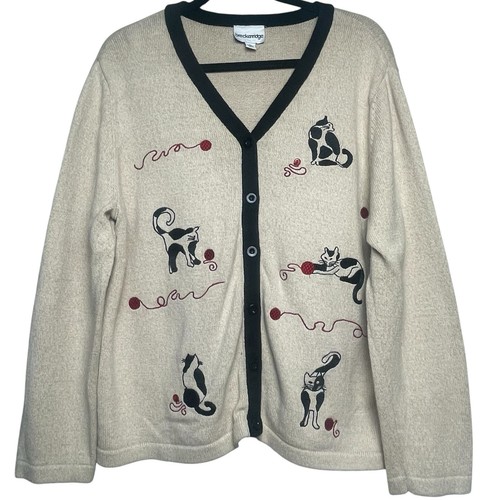 Vintage Breckenridge Knit Embroidered Cat Yarn V-Neck Cardigan Sweater Size XL - 第 1/13 張圖片