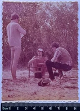 Old photo Three Shirtless guys, Pantsless guys, Men Resting On the Beach Gay int