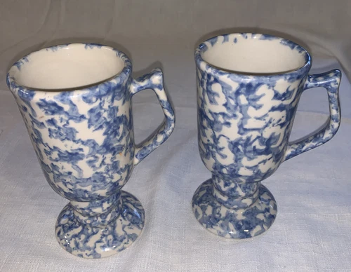 ROSEVILLE BLUE SPONGEWARE THE WORKSHOP OF GERALD HENN PEDESTAL MUGS- SET OF 2