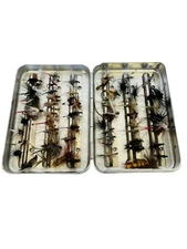 Perrine #66 Aluminum Sterling Quality Tackle Fly Box W/Over 50 Flies Pocket Size
