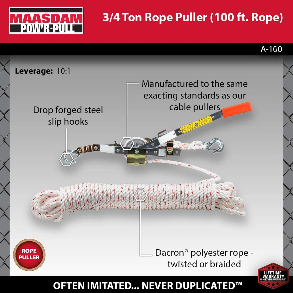 Maasdam Pow'R Pull A-100 3/4 Ton Capacitty Rope Puller with 100' of 1/2" Dia. Ro - Image 2 of 4