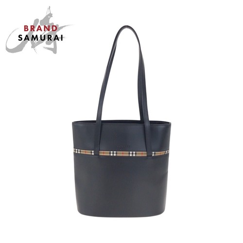 BURBERRY Tote bag Check pattern Black Leather Authentic From Japan
