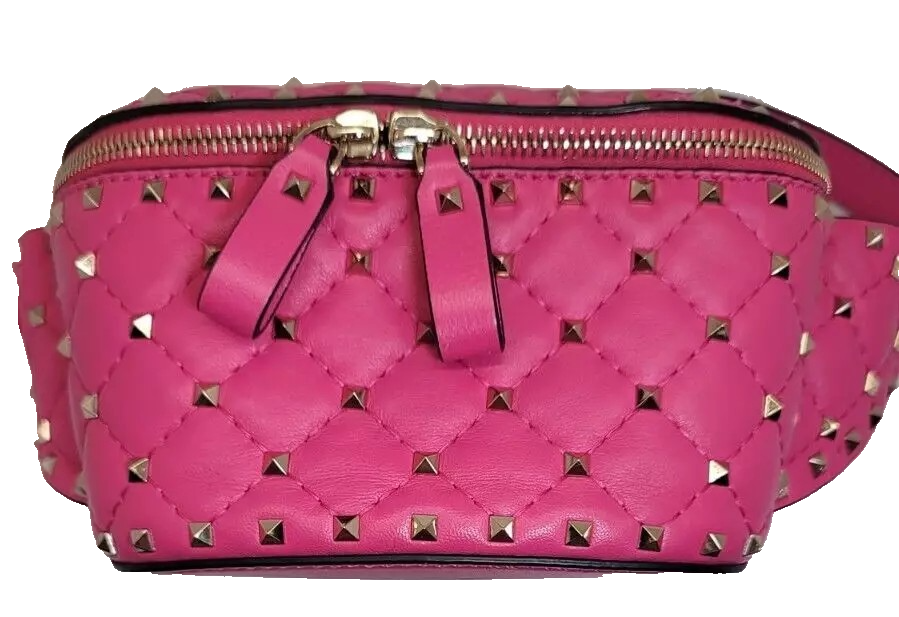 Valentino Rockstud Spike Belt Bag Fuchsia Pink Quilted Leather