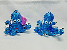 New with Tag Lot of 2 Holiday Time Blue Glitter Octopus Christmas Tree Ornaments