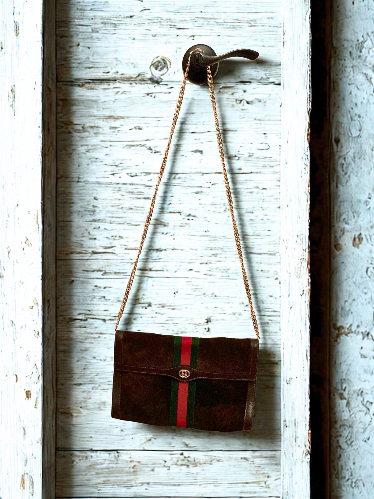 Gucci Vintage Brown Suede Clutch /Shoulder Bag – Gold GG Logo – Authentic