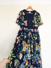 Oasis Navy Floral Dobby Chiffon Lace V Neck Midi Dress UK14 Petite VGC