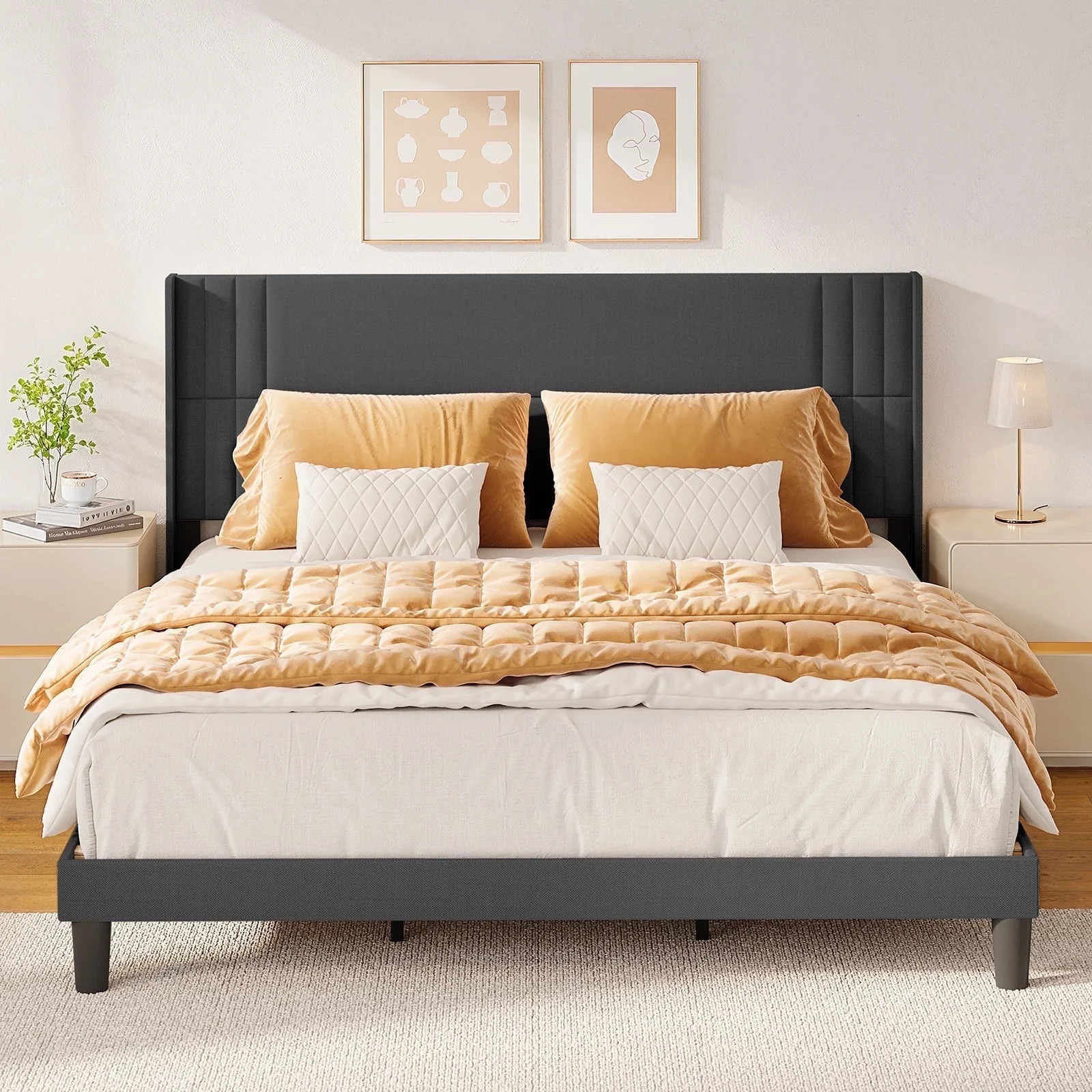 With Upholstered Wingback Headboard, Modern Geometric Design, Dar