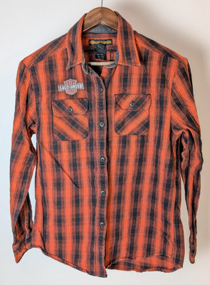 Harley-Davidson Hemd Herren Small Orange Schwarz Kariert Kariert Dicke Baumwolle