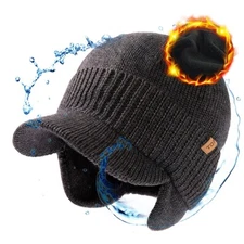 Waterproof Merino Wool Visor Brimed Beanie with Ear Muffs Mens Large Winter H...