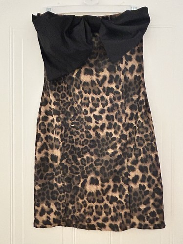 ASOS DESIGN Strapless Leopard Print Mini Dress with Black Bow UK 8-10 Small - Picture 2 of 13