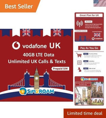 Vodafone UK SIM Card: 40GB 4G Data, Unlimited Texts & Calls - Fast Activation